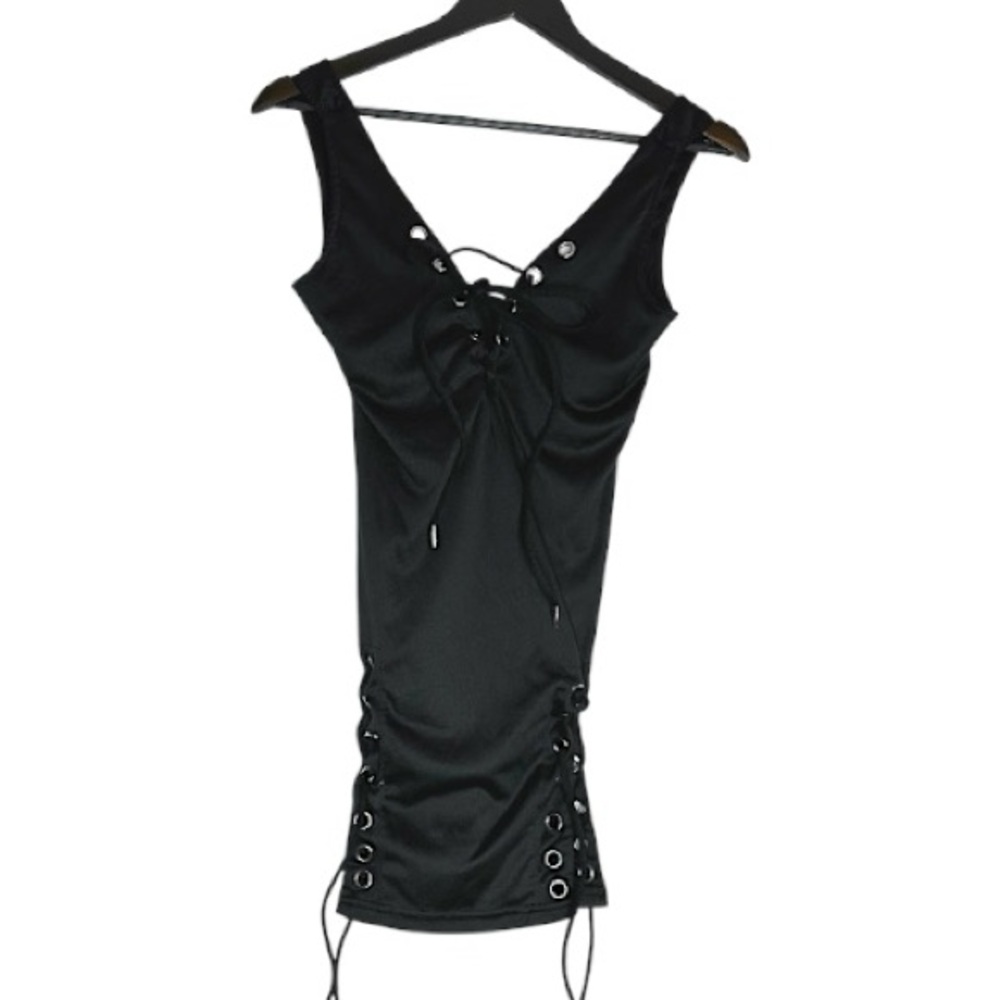 Black Lace-Up Corset-Side Style Super Mini Dress Sleeveless Stretch Bodycon Y2K